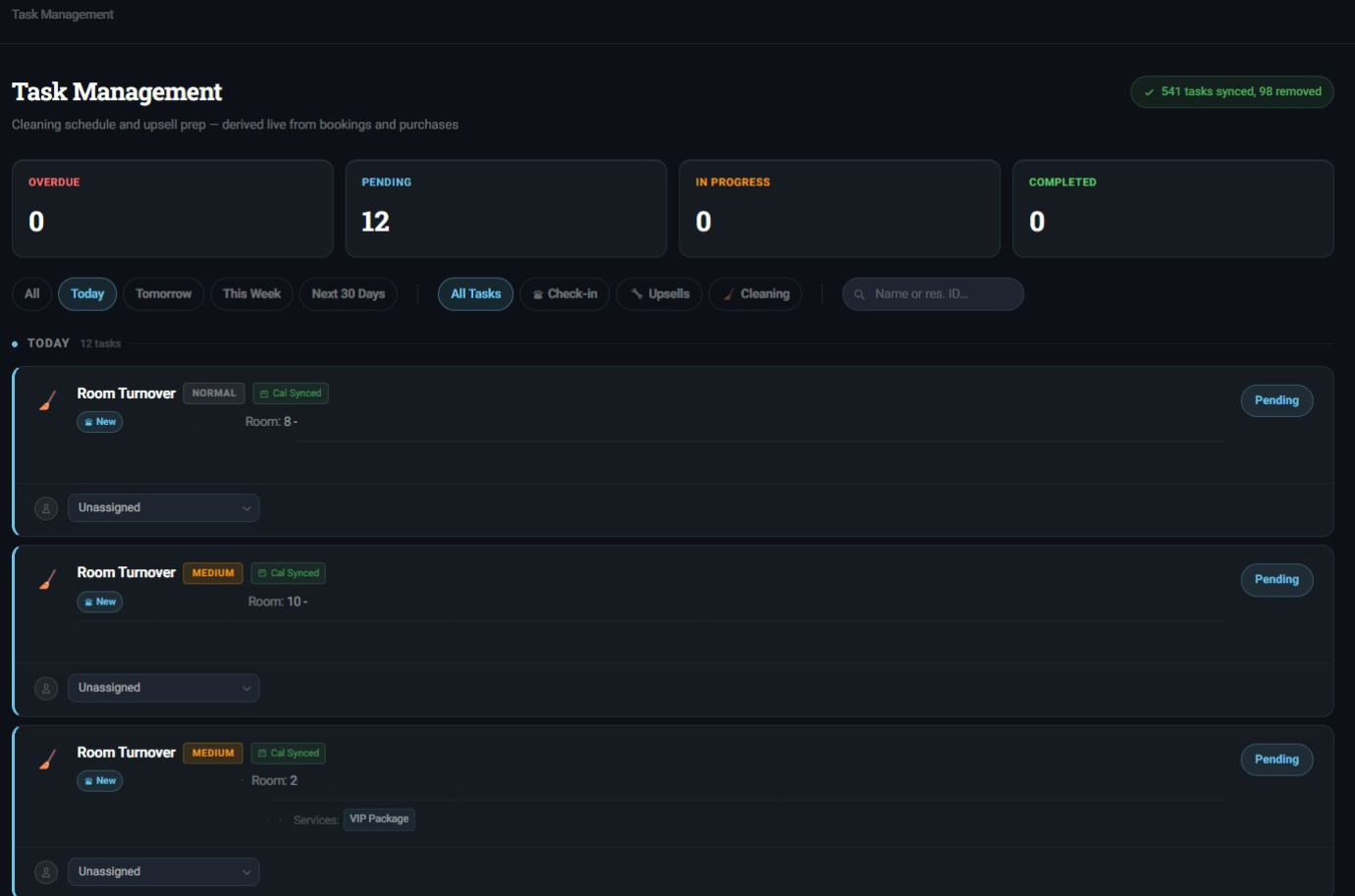 Task assignment — cleaning schedule and room turnover tasks derived from Hostaway bookings