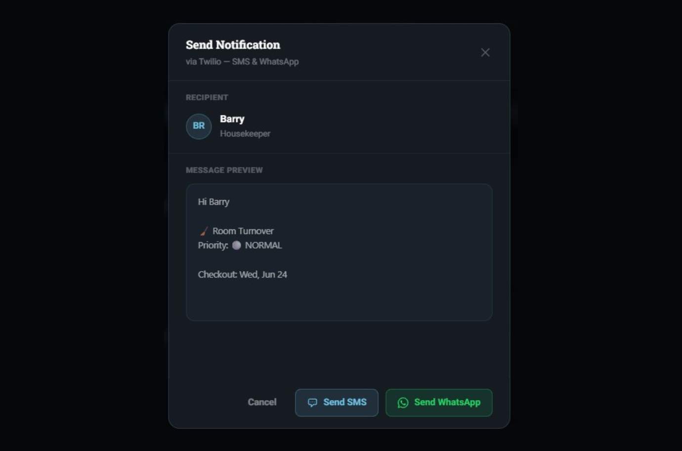 Task messages — in-task communication and status updates for cleaning and ops teams