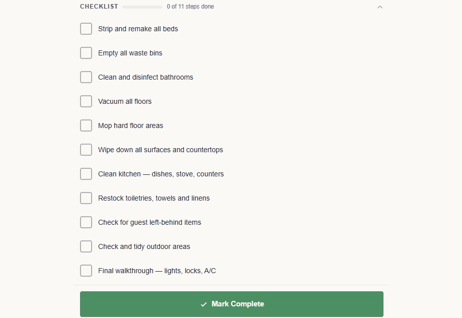 Cleaning checklist with 11 turnover tasks and a mark-complete action