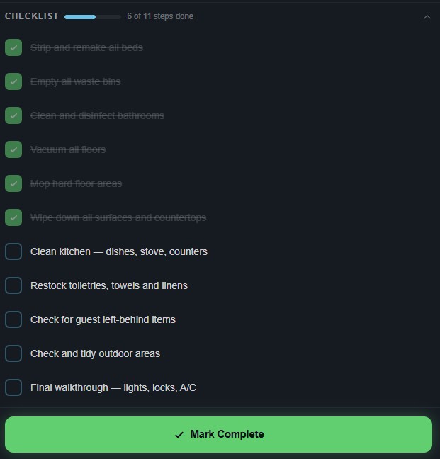 Staff checklist in progress — 6 of 11 steps completed with remaining steps visible